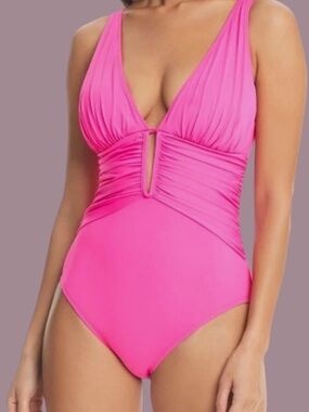 Bleu Rod Beattie Bright Pink Ruched One-Piece Swimsuit Sz 14